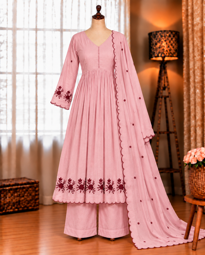 Beautifull Mul Chanderi With Sequience Pipe Work Top Pent