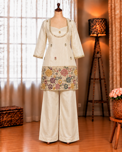 Premium Soft Chinon Embroidered Bustier & Palazzo Suit Set