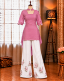 Pink Color Beautifull Roman Silk With Fancy Sleeves Top Plazzo
