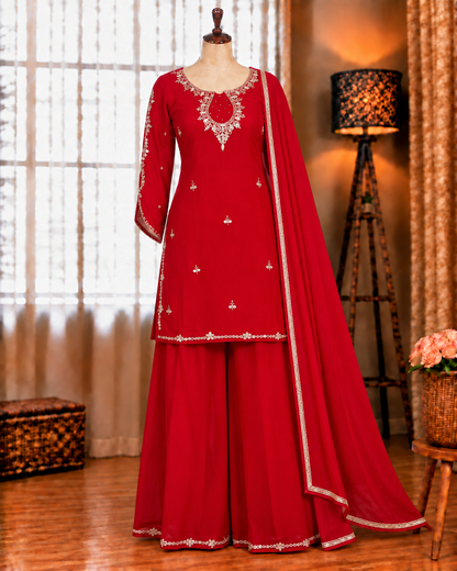 Embroidered Georgette Top, Plazzo & Dupatta Set