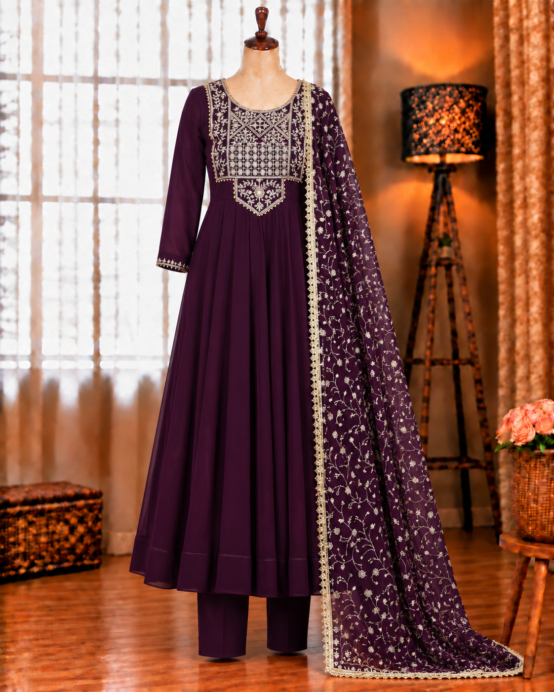 Wine Color Beautifull Georgette Embroidery Work Anarkali