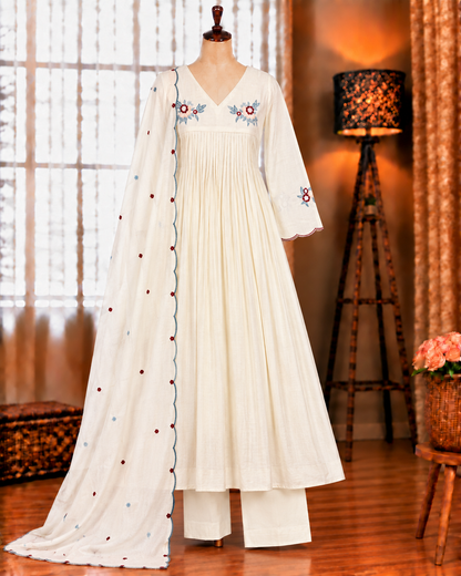 White Color Beautifull Mul Roman Fabric Embroidery Work Kurti