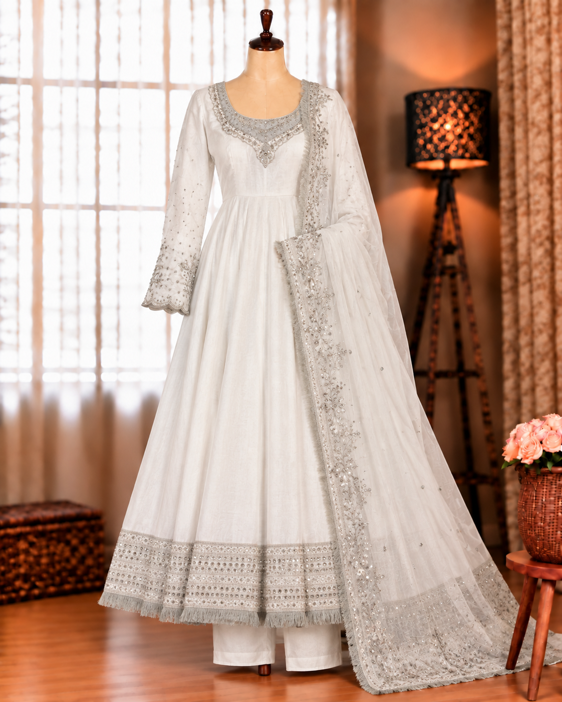 White Color Premium Look Vichitra Sequns Work Anarkali