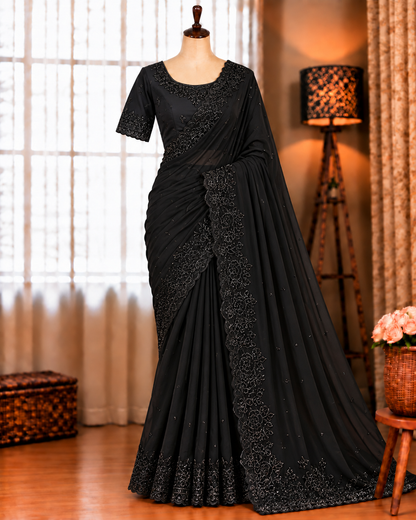 Black Color Fox Georgette Khatli Work Saree