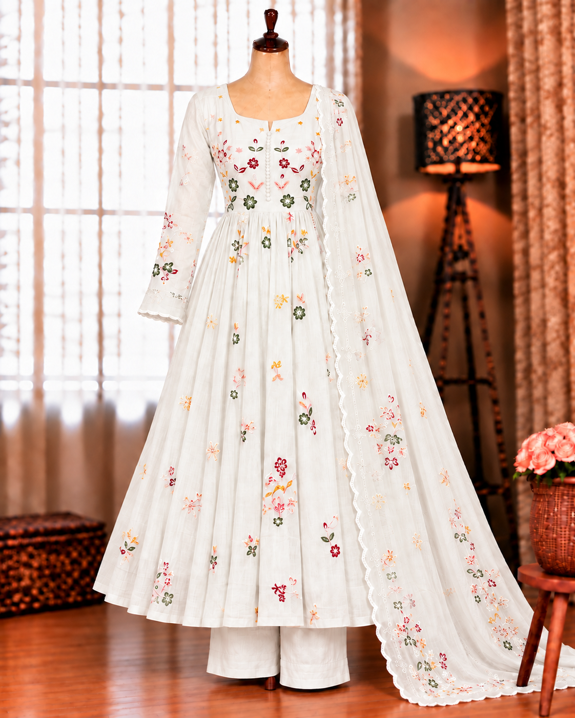 Beautifull Mul Chanderi With Embroidery Work Top Pent
