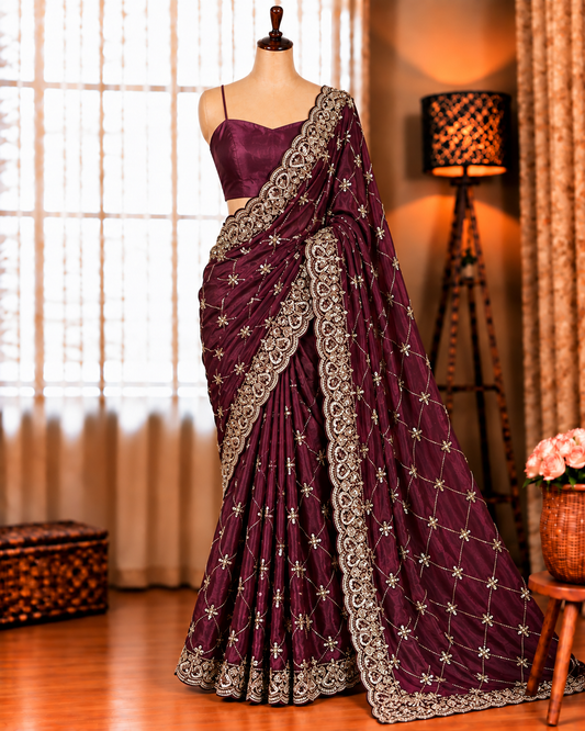 Wine Color Fendy Silk With Beads With Sequns Work Saree