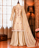 Beige Color Japan Satin With Thread Work Top Plazzo