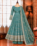 Sky Color Fendy Silk With Embroidery Work Gown