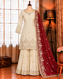 Beige Color Chinon Silk With Embroidery Work Top Bottom