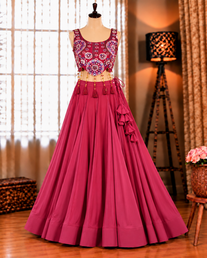 Maroon Color Reyon Fabric With Lagdi Patta Work Lehenga