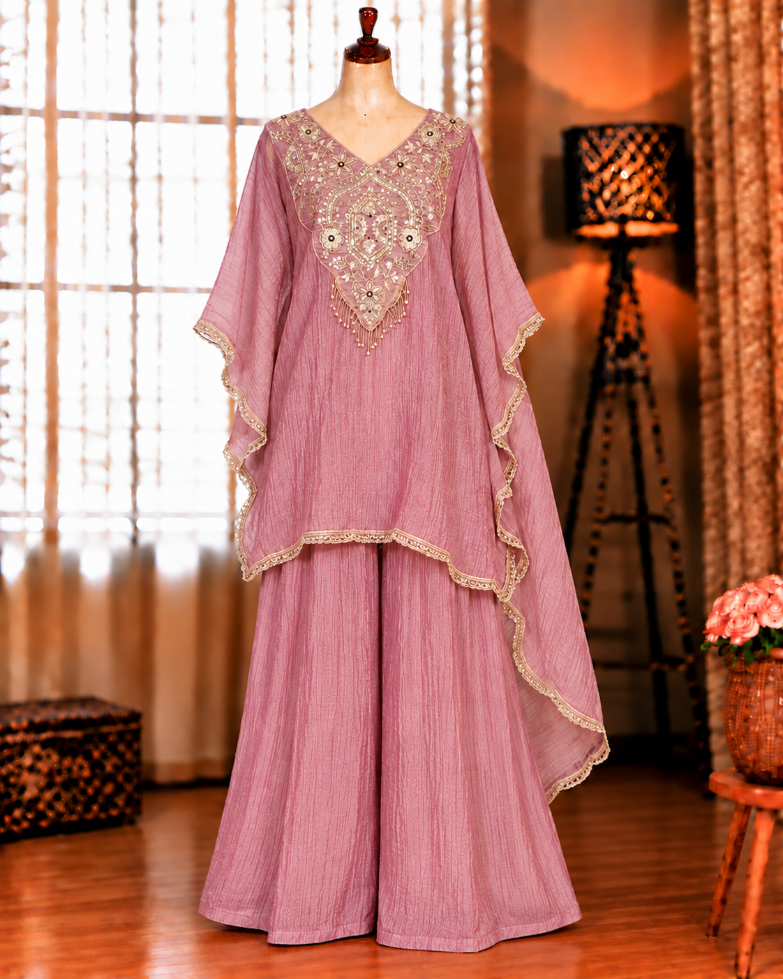 Pink Color Salsa Crunch Silk With Sequience Work Top Plazzo