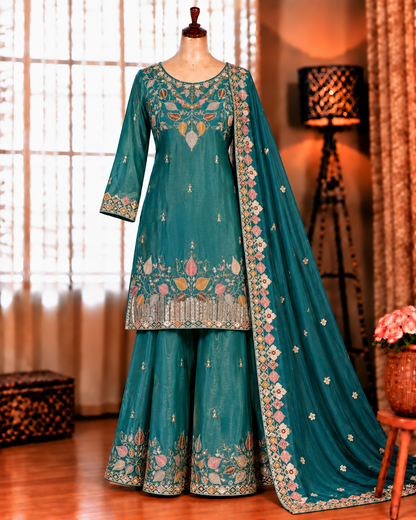 Sky Color Moss Silk With Embroidery Sequience Work Top Plazzo