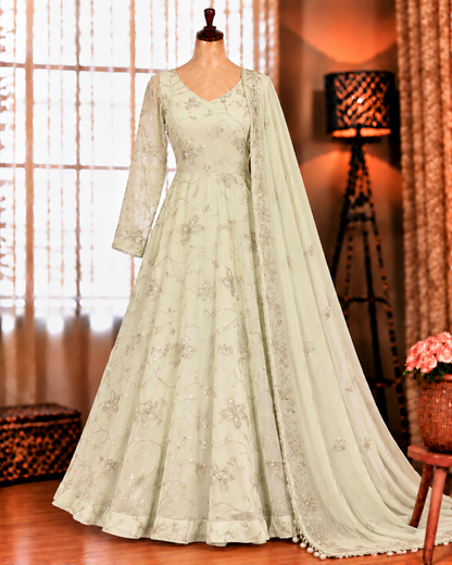 White Color Fendy Silk With Embroidery Work Gown