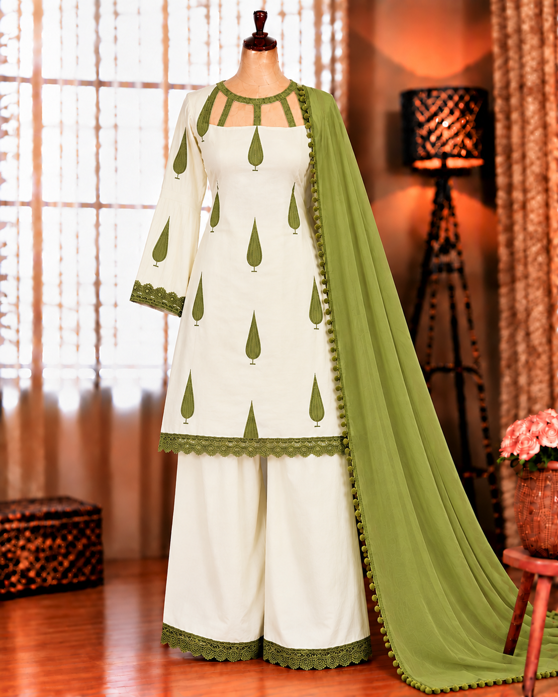 White Color Franch Crep With Embroidery Work Top Pent