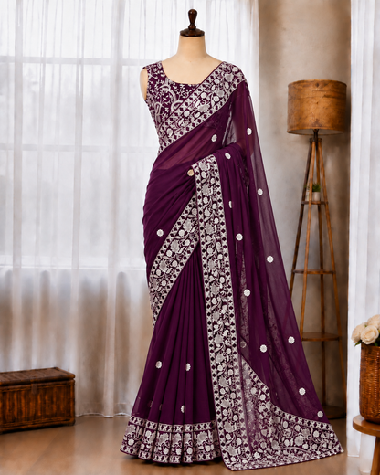 Beautifull Faux Georgette Elegent Embroidery Work Saree