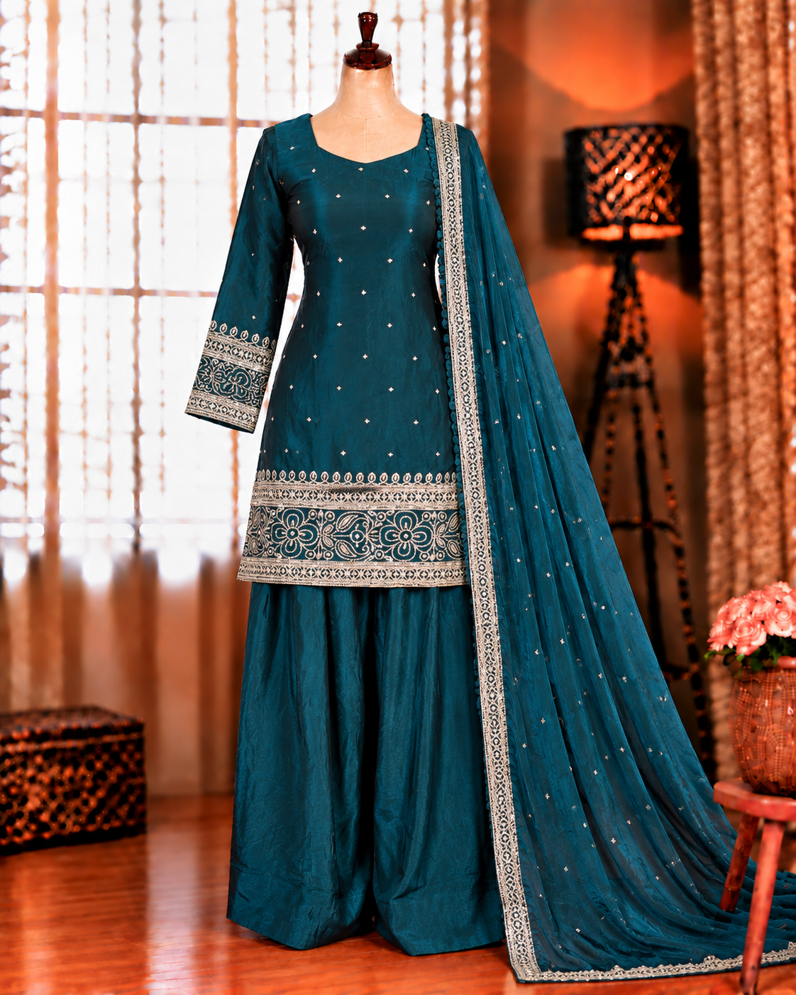 Beautifull Fendy Silk With Embroidery Sequience Work kurta Farshi
