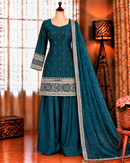 Beautifull Fendy Silk With Embroidery Sequience Work kurta Farshi