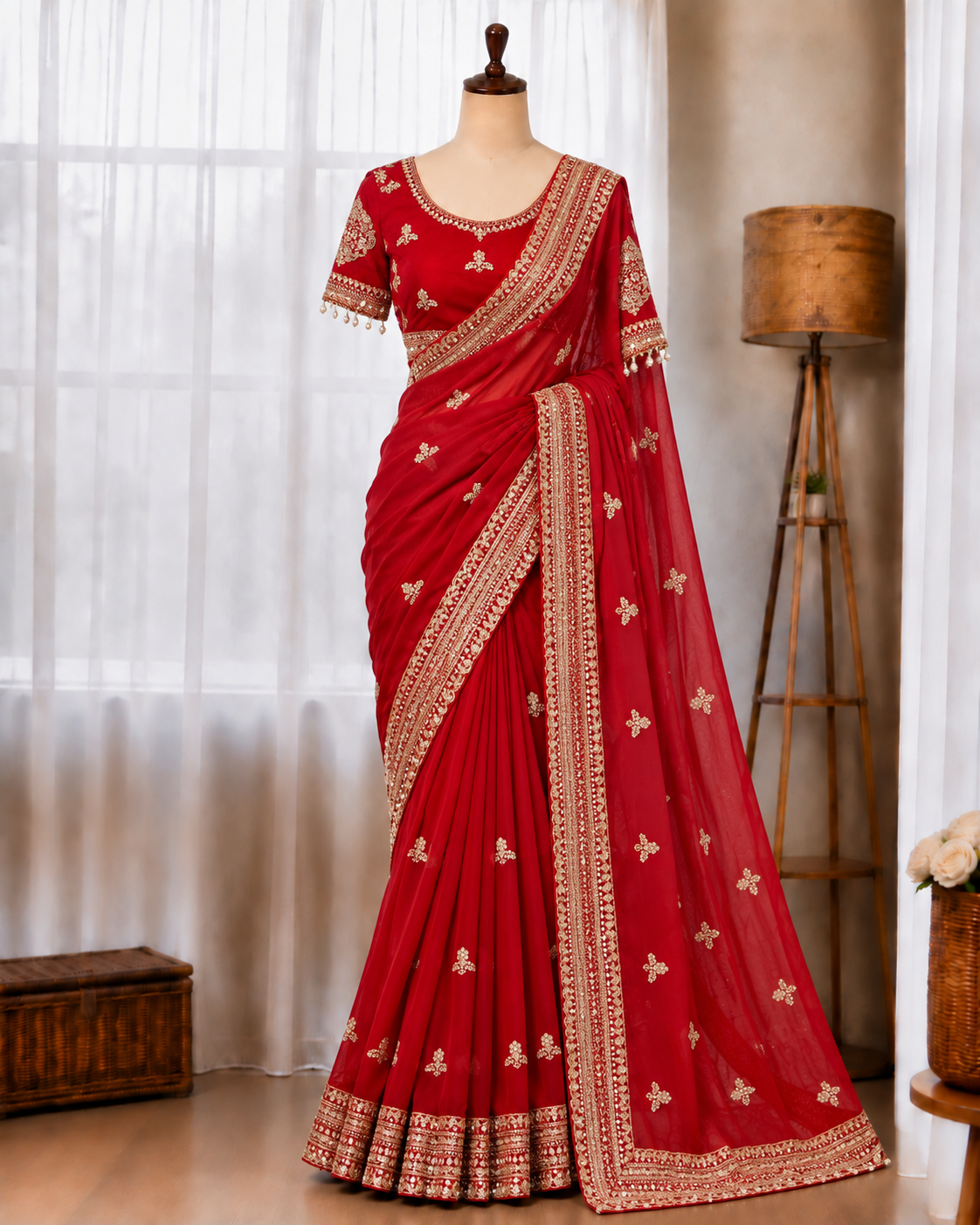 Red Color Soft Shining Embroidery Work Saree
