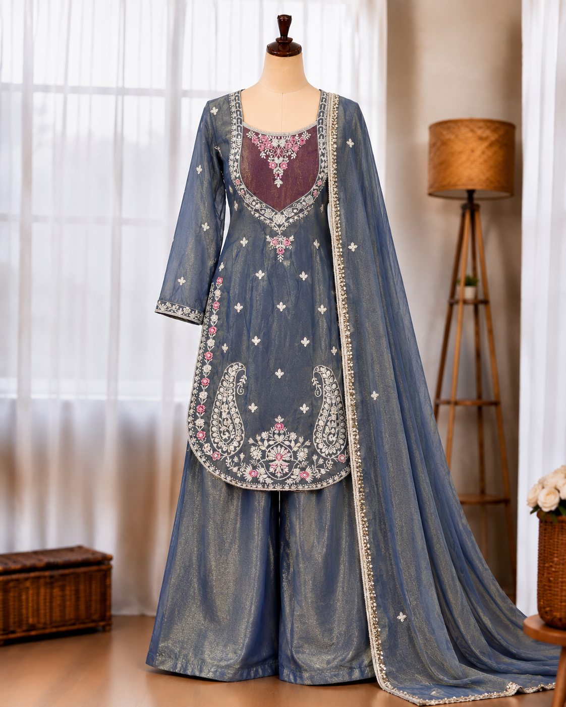 Beautifull NC Moss Fabric With Embroidery Work Top Plazzo
