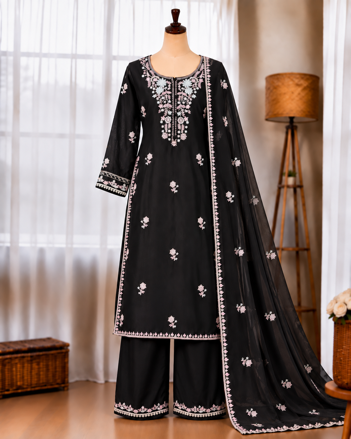 Rayon Satin Top Pant Set with Sequin Work & Dupatta