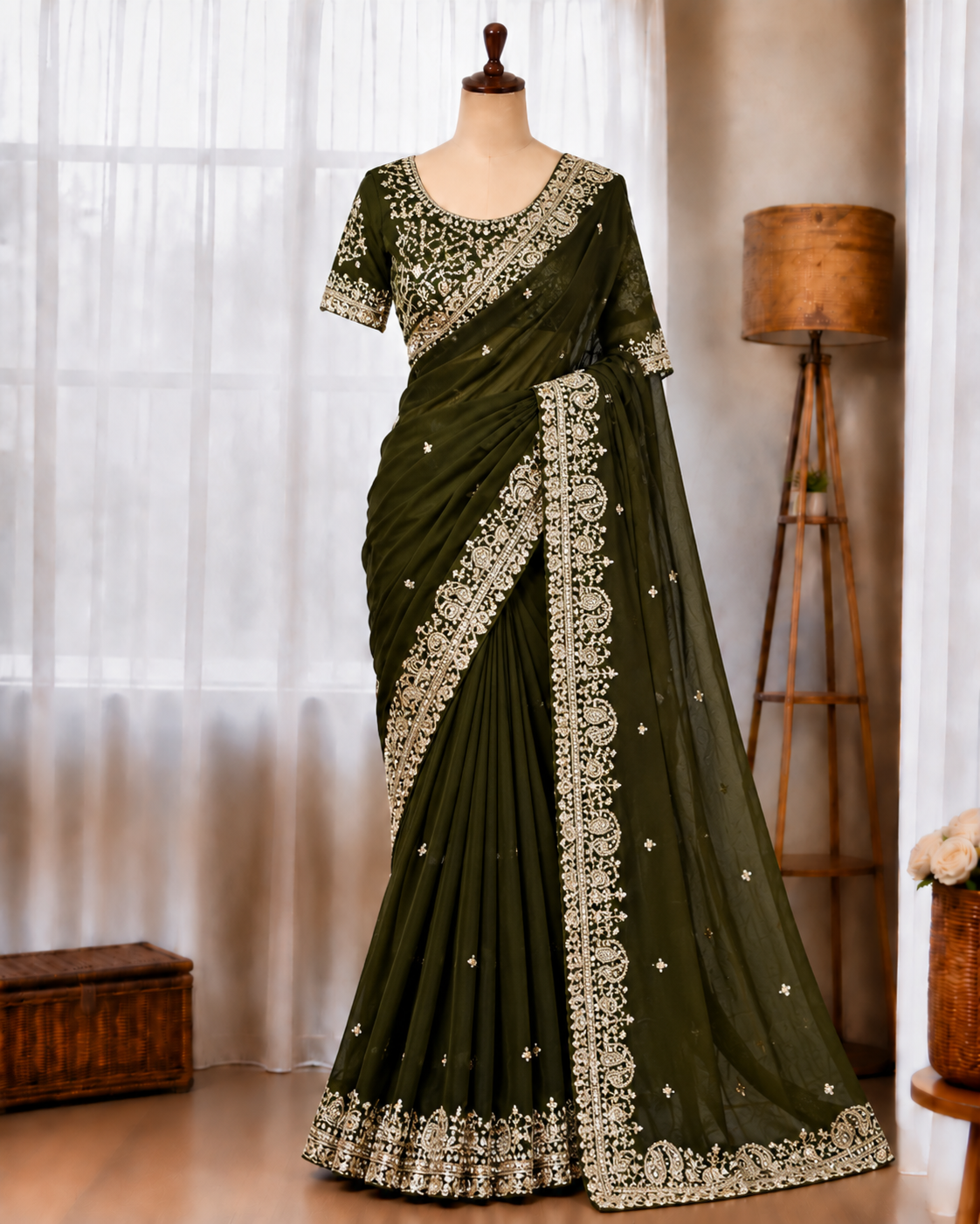 Dual Tone Fandy Satin Saree with Sequin & Zari Embroidery
