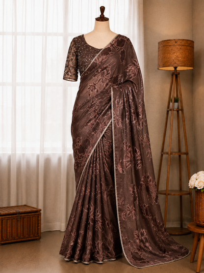 Beautifull Fandy Satin Printed Work Saree