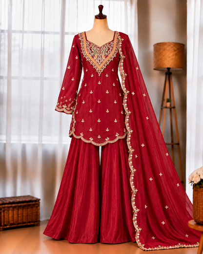 Heavy Shimar Silk Top Palazzo Set with Embroidery & Sequin Work