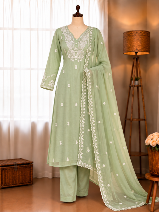 Pista Color Mul Chanderi Embroider Work Top Pent