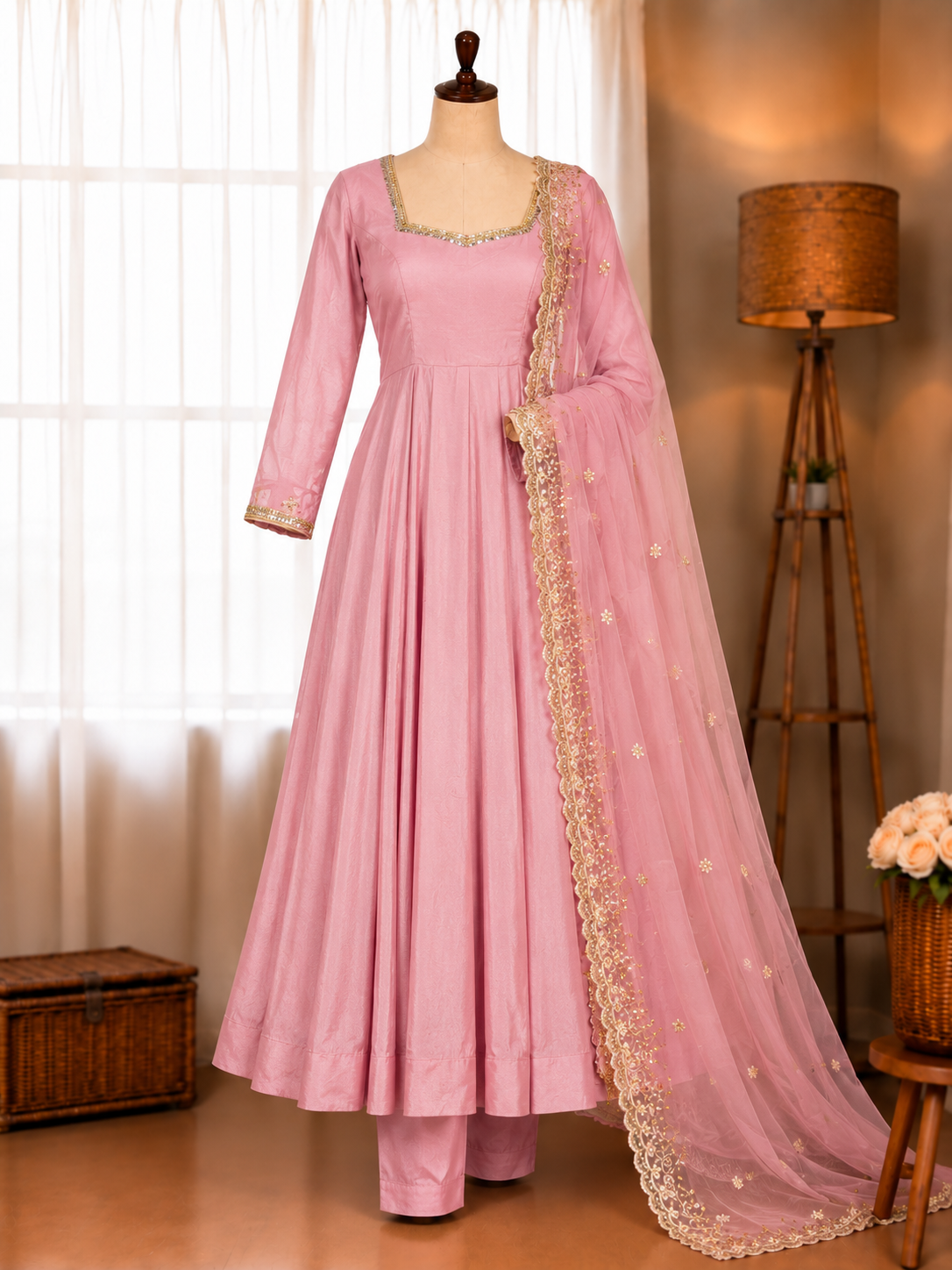 Pink Color Pure Chinon With Neck Work Suit Pent