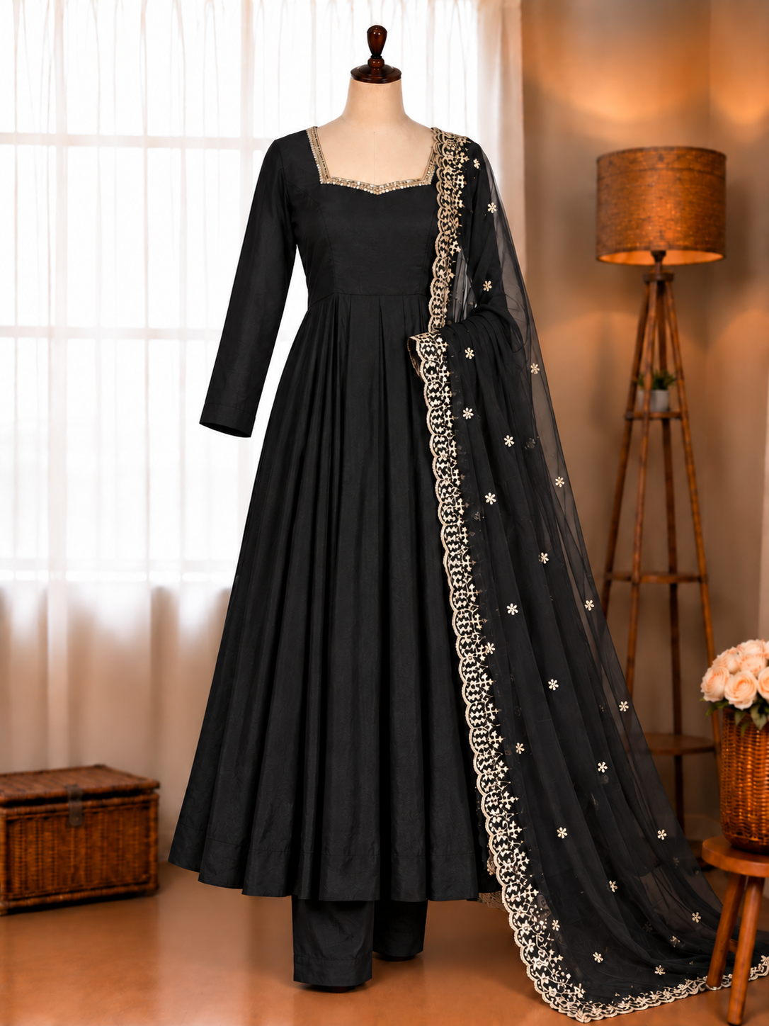Pink Color Pure Chinon With Neck Work Suit Pent