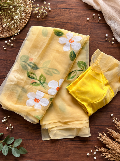 Yellow Color Chiffon Handbrush Print Work Saree