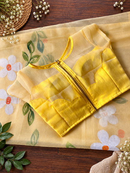 Yellow Color Chiffon Handbrush Print Work Saree