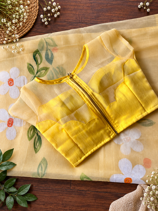 Yellow Color Chiffon Handbrush Print Work Saree