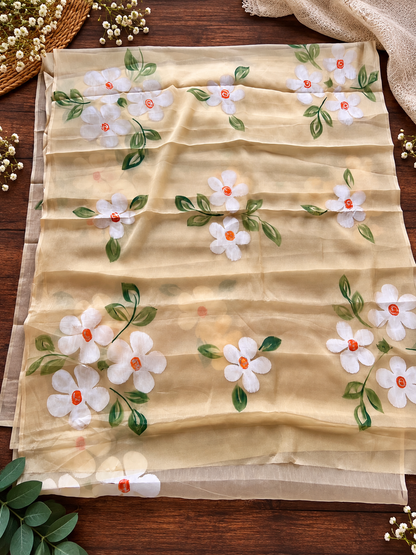 Yellow Color Chiffon Handbrush Print Work Saree