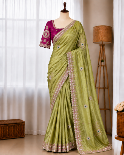Olive Rose Royale – Pure Crunchy Tissue Silk Saree