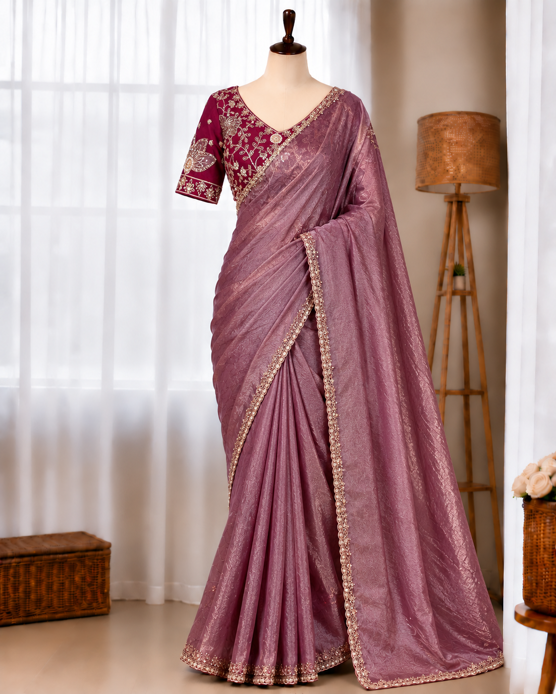 Mauve Blossom Royale – Fandy Satin Jacquard Saree