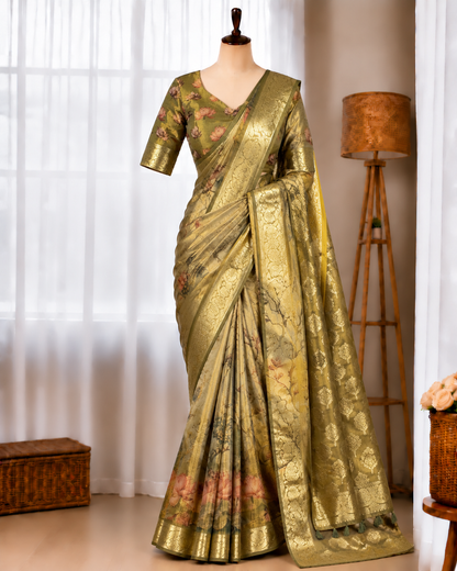Olive Zari Royale – Pure Glass Tissue Silk Saree