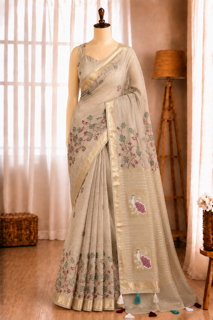 Linen Cotton Motif Zari Thread Weaving Jacquard Saree
