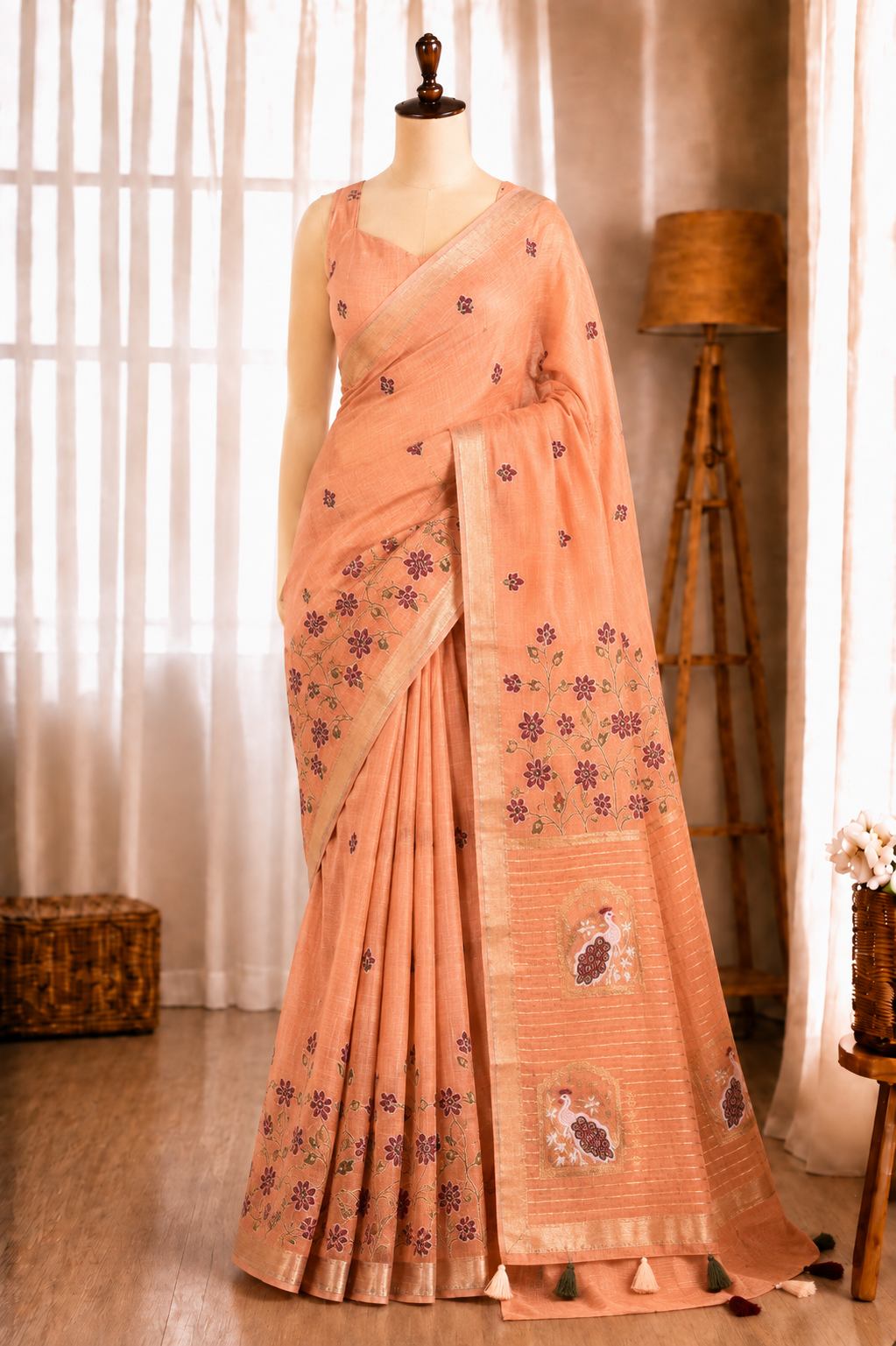 Linen Cotton Motif Zari Thread Weaving Jacquard Saree