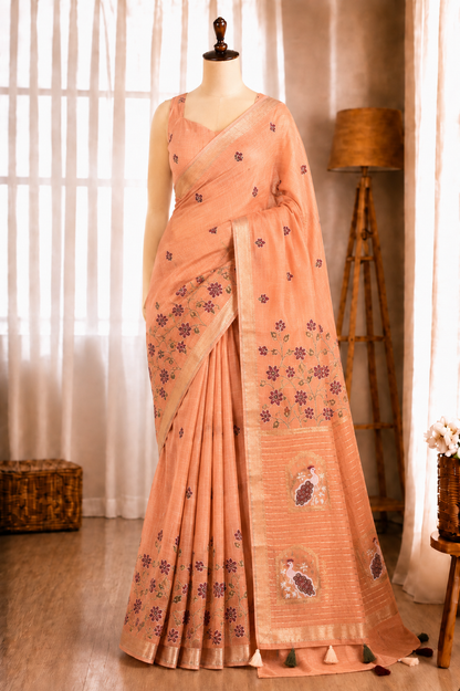 Linen Cotton Motif Zari Thread Weaving Jacquard Saree
