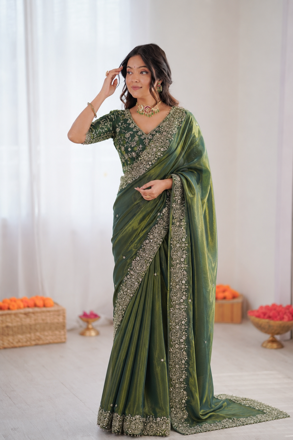Two Tone Space Silk Embroidered Saree Set