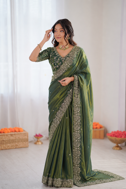 Two Tone Space Silk Embroidered Saree Set