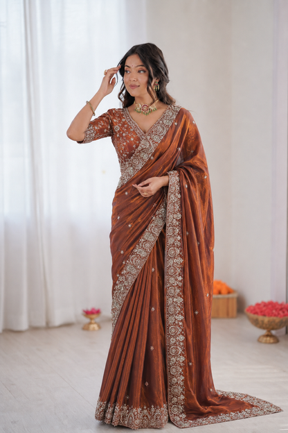 Two Tone Space Silk Embroidered Saree Set