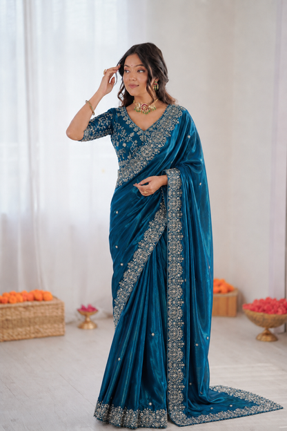 Two Tone Space Silk Embroidered Saree Set