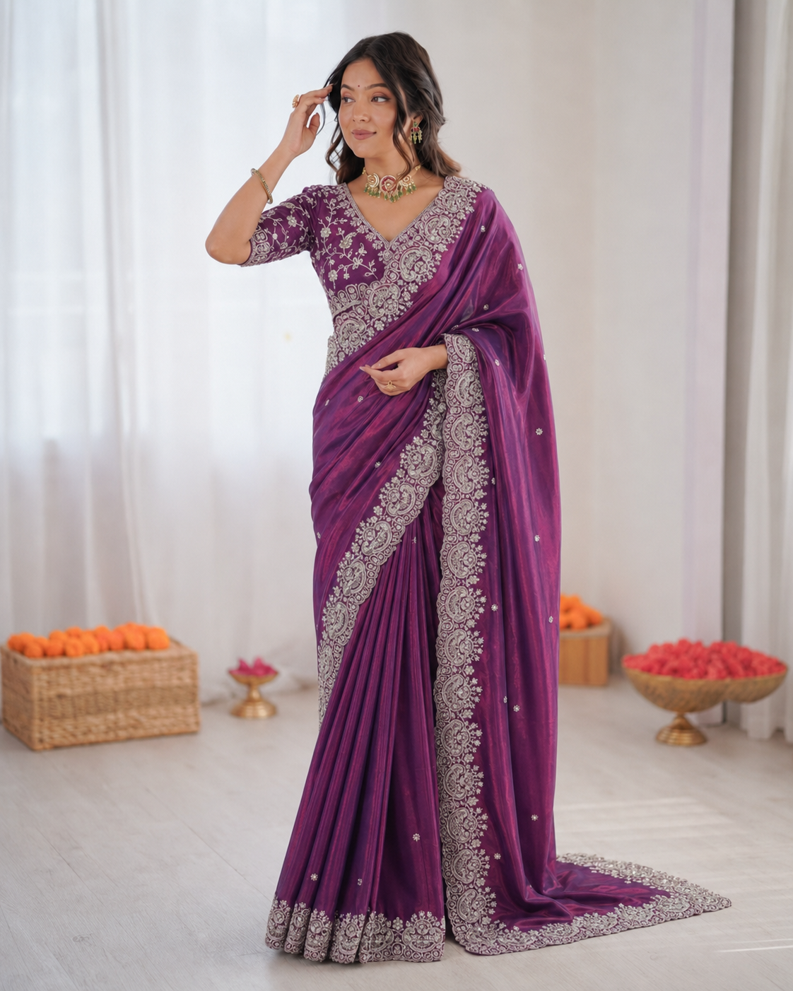 Two Tone Space Silk Embroidered Saree Set