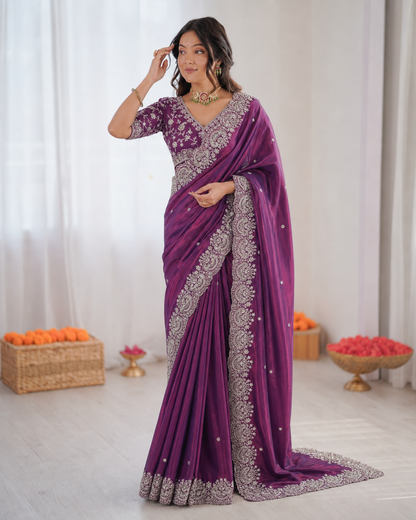 Two Tone Space Silk Embroidered Saree Set