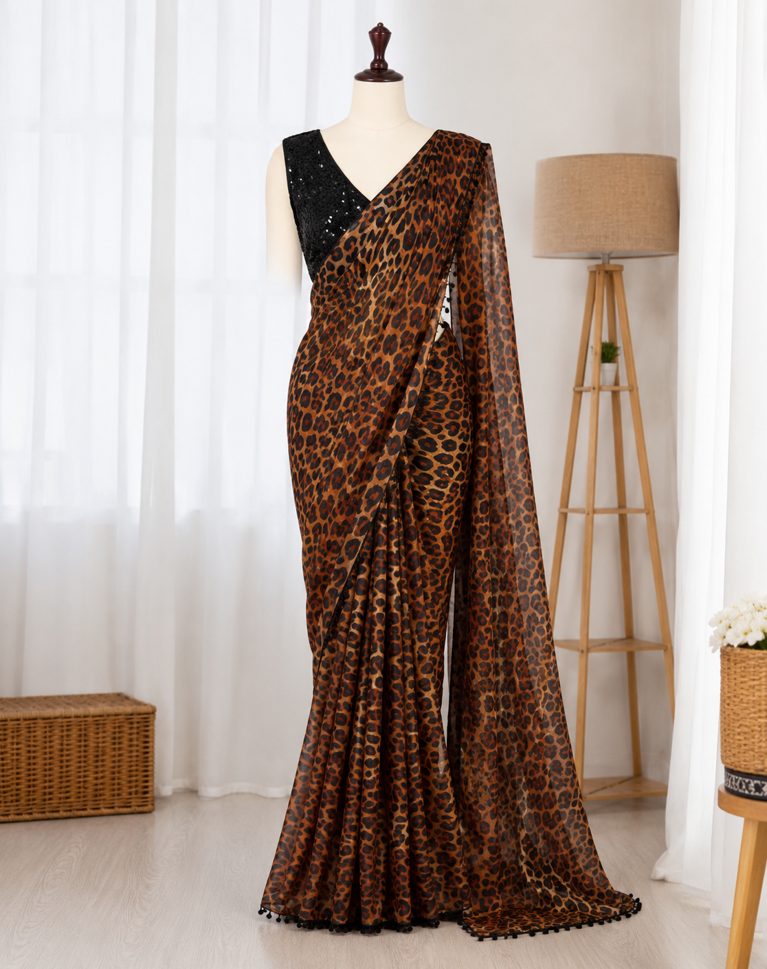 Two Tone Fandy Satin Leopard Print Saree Set
