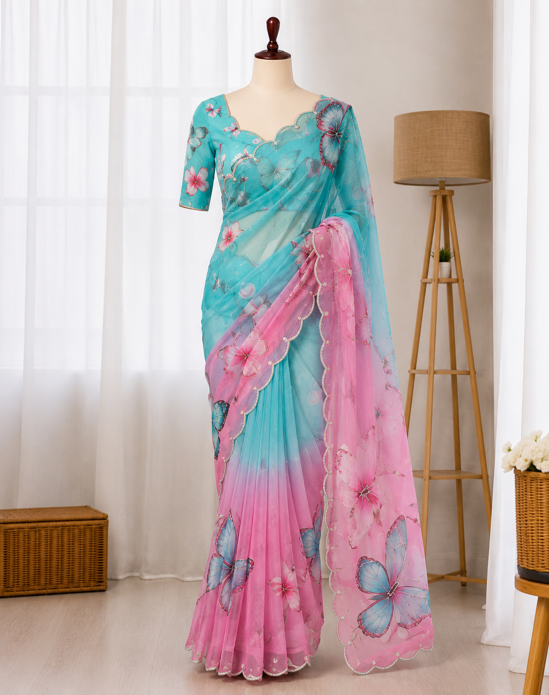 Beautifull Soft Tabby With Real Mirror With Butterfly Work Saree