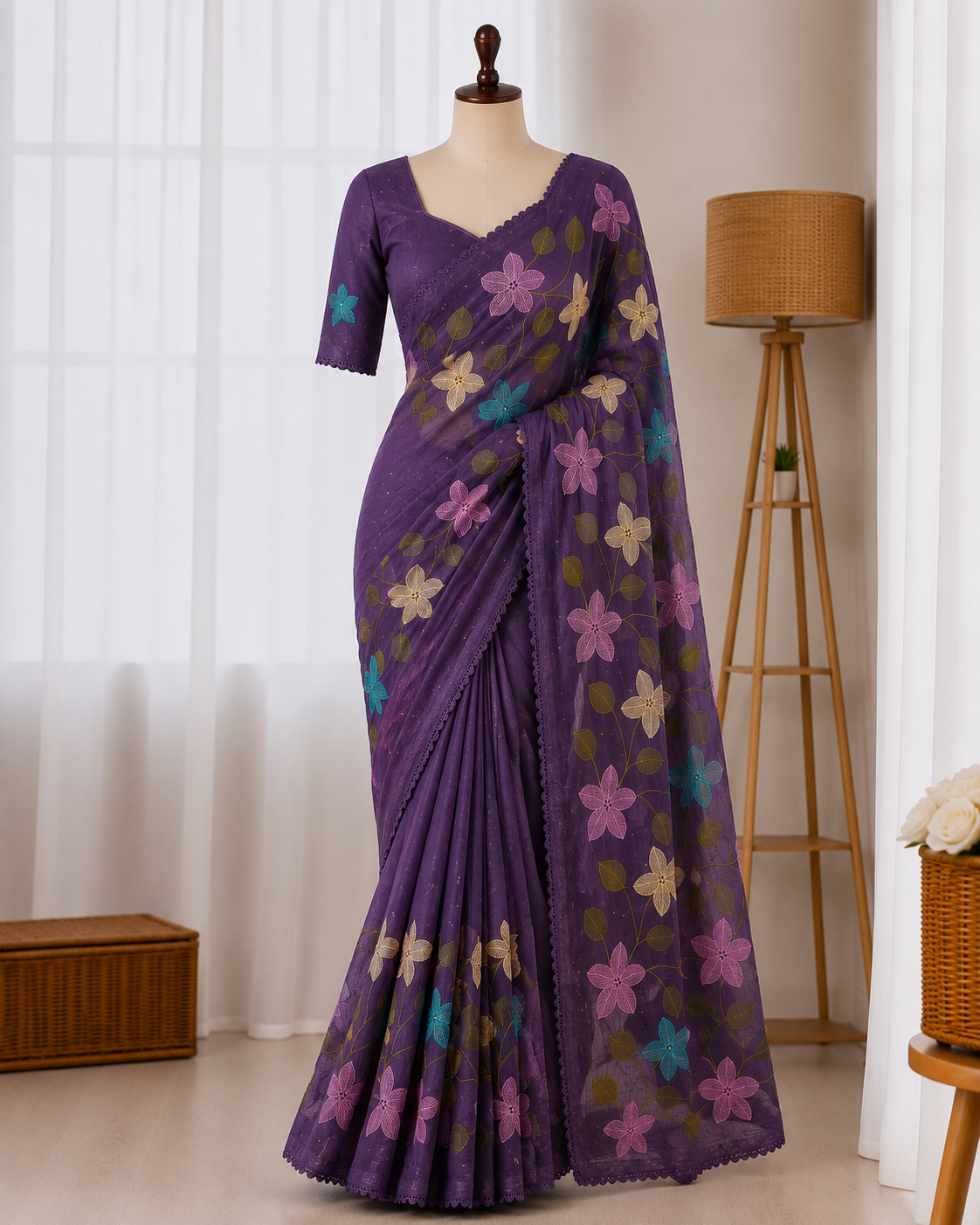 Beautifull Viscos Crunchy Silk With Embroidery Work Saree