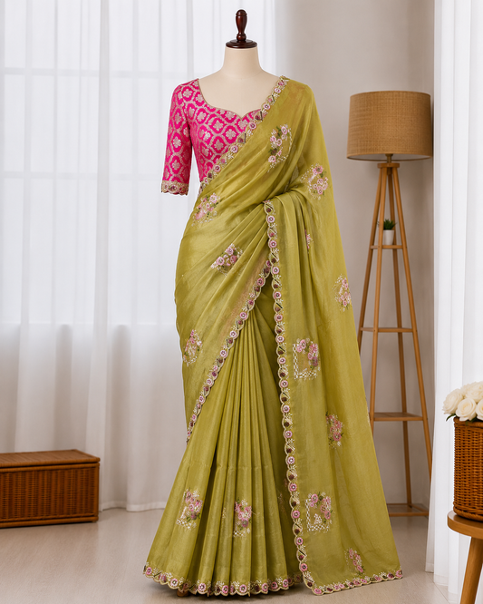 Beautifull Paper Silk With Floral Embroidery Work Saree
